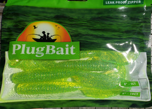 PlugBait 8" - 6 Count Grubs Green Silver Flake Bag
